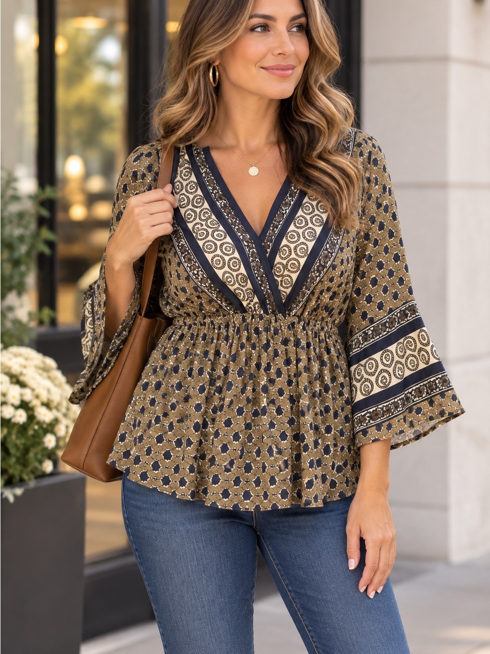 Women's V-Neck Printed Peasant Blouse in blue & tan